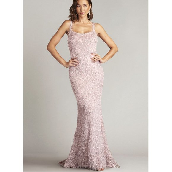 Tadashi Shoji Dresses & Skirts - Tadashi Shoji Mauve 'Pip' Eyelash Yarn Trumpet Gown w/ Open Back